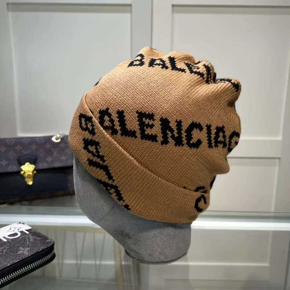 Balenciaga All-Over Logo Knit Beanie in Camel - Picture 2 of 4